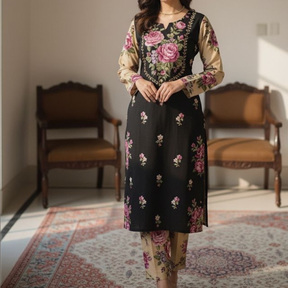 Indian Summer Floral Kurta Bottoms - Black and Cream